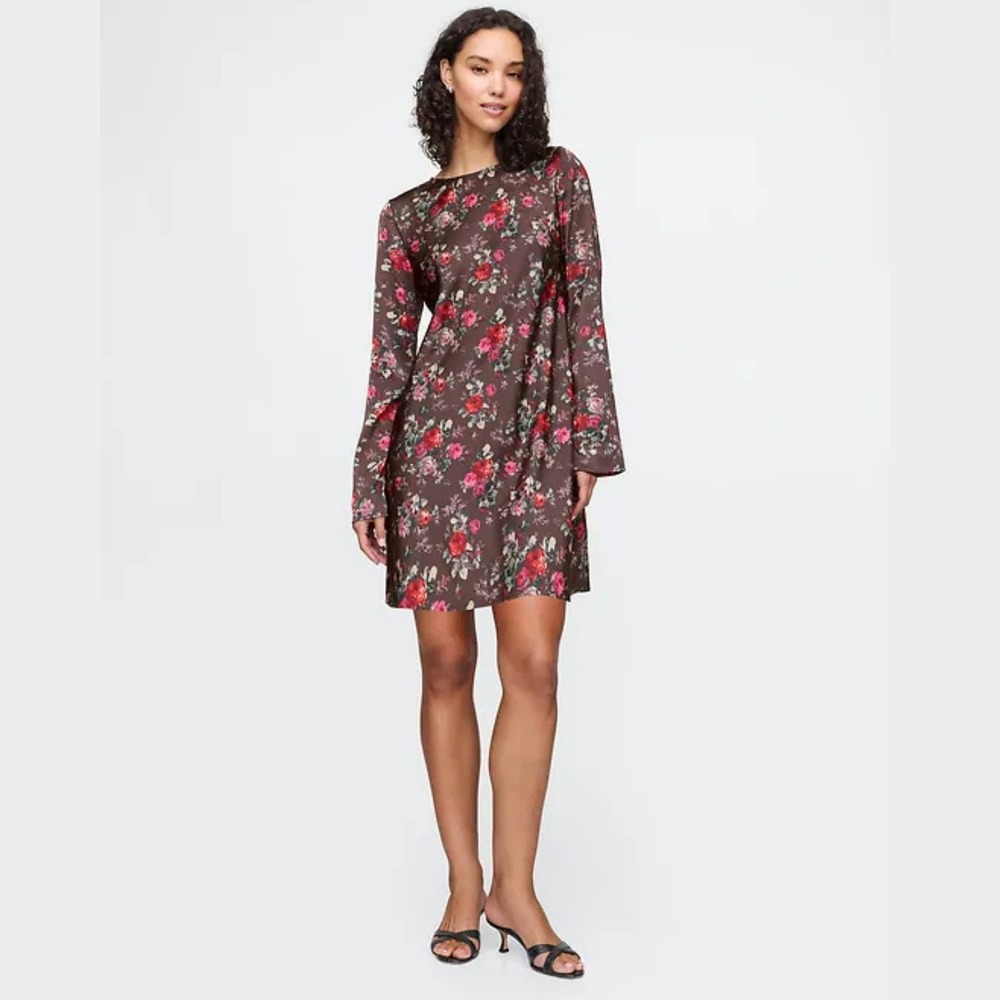 GAP Rose Floral Boatneck Satin Mini Dress Brown Pink S 588744-02 Dark‎ romantic